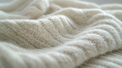 Cream knit fabric texture closeup, soft, wrinkled, background blurred