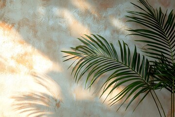 Mesmerizing Tropical Foliage Casting Dappled Shadows on Smooth Beige Stucco Wall