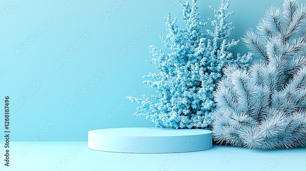 Poster light blue podium with winter trees; minimal display