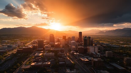 Sunset over a vibrant city skyline with mountains in the background