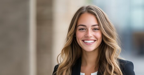 Smiling woman presents confidence and professionalism for commercial billboard promotion
