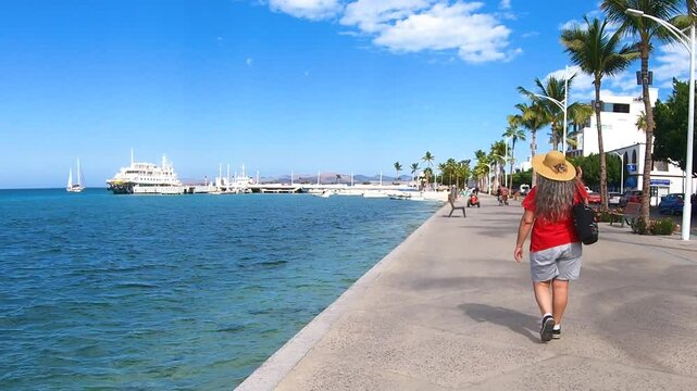 Coastal promenade, mature adult woman walking calmly, back to camera, Cortez Sea with boat anchored at pier in background, red blouse, shorts and hat, sunny day in La Paz, Baja California Sur, Mexico