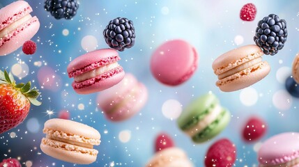 Colorful display of macarons floating with fruit and sparkles in a vibrant setting