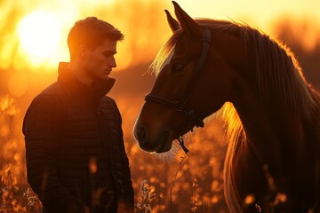 Obraz premium Man and horse share a quiet moment at sunset in a tranquil golden field