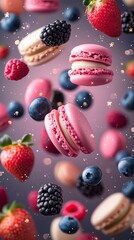 Colorful display of macarons surrounded by fresh berries create a delightful dessert composition