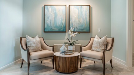Serene Interior Design: Elegant Sitting Area with Abstract Art