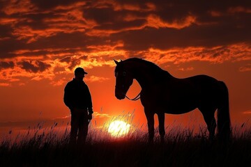 Fototapeta premium Sunset silhouette of a man with a horse against a colorful sky in a tranquil field