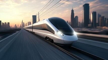 Bright skyline with futuristic train advancing through a vibrant cityscape during sunset