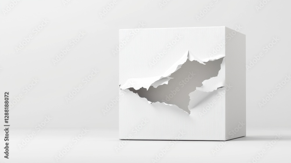Poster minimalist torn paper cube design showcasing creative abstract craftsmanship on a stark background.