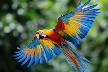 Blue-winged macaw flying freely under a clear sky