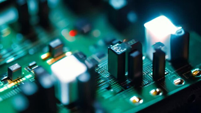 Detailed view of a circuit board showcasing illuminated components and intricate electronic pathways at night