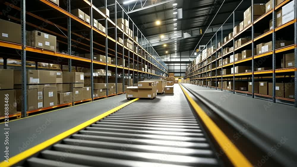 Poster a dynamic shot of a warehouse interior, with shelves stacked neatly with labeled boxes and an automa