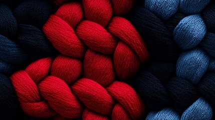 Richly textured red and blue yarns intertwined in a creative composition showcasing stitching art