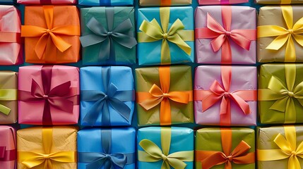 A wall of colorful gift boxes with bows.