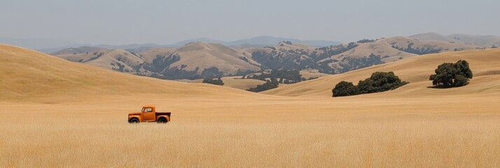 Obraz premium A Vibrant Scene of an Old Farming Truck Surrounded by Expansive Golden Hills Under a Clear Blue Sky in a Rural Landscape