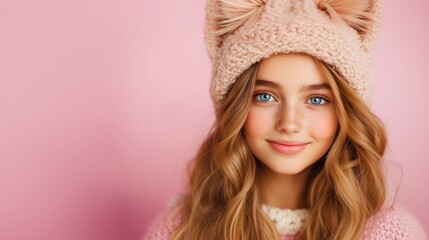 Young woman wearing a cozy hat with ears against a pastel pink background while smiling
