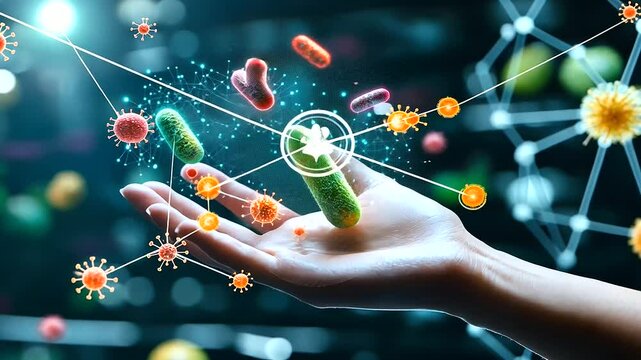 A futuristic hand holding glowing, colorful bacteria with a backdrop of fruits, vegetables, and molecular structures, illustrating the role of the microbiome in nutrition