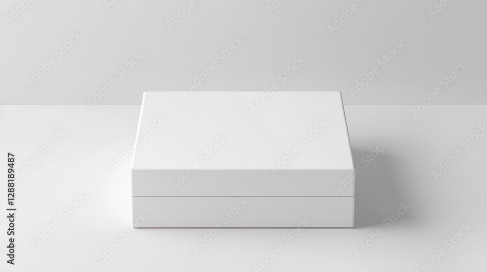 Poster minimalist white box on flat surface, showcasing simplicity and design in a studio setting.