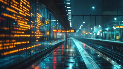 Fototapeta premium Train station platform at night with glowing AR schedule and train arrival data, sleek modern setting, soft ambient lighting, photorealistic