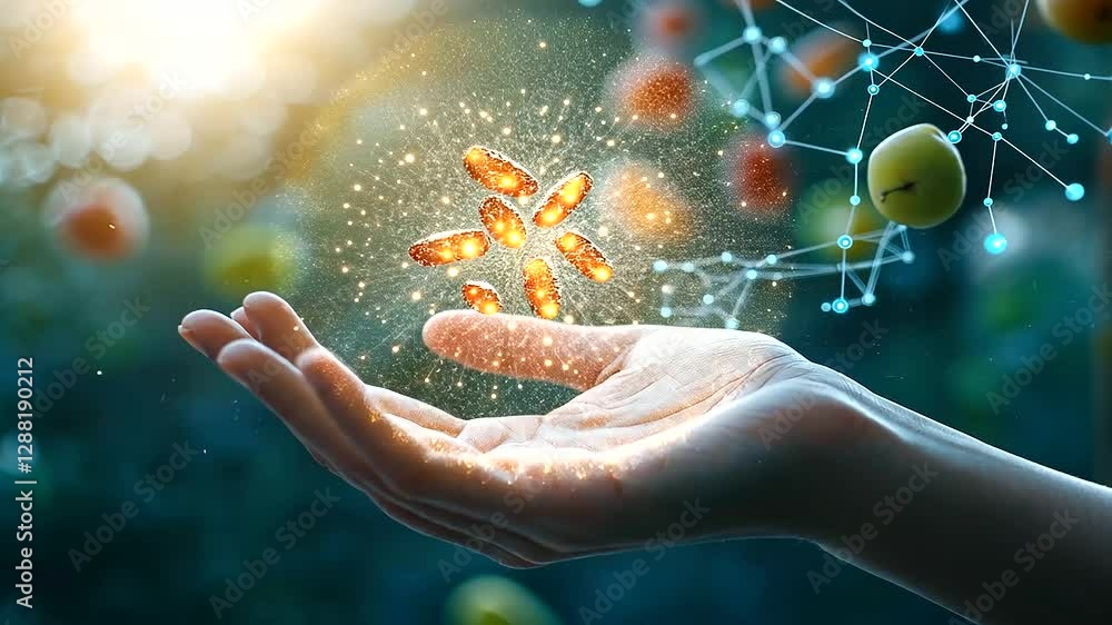 Poster a glowing bacteria cluster hovering above a hand, surrounded by dynamic visuals of dna helices, frui
