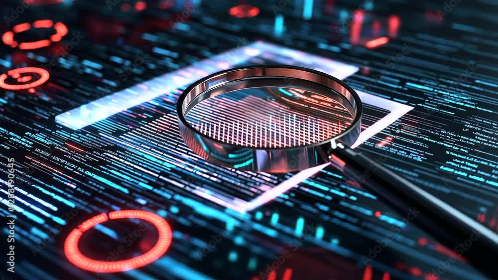 Poster a glowing document with a magnifying glass over a highlighted section, surrounded by holographic fir