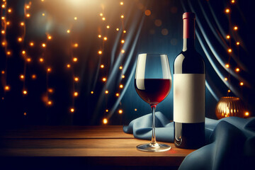 A bottle of red wine and wine glass on a wooden surface. Elegant blue fabric and golden lights create a sophisticated ambiance. Perfect for winery marketing, menu design, or luxury lifestyle blogs.