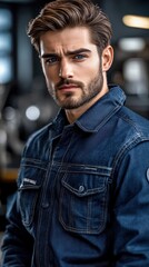 Fototapeta premium A Young Caucasian Male Adult with Stylish Hair and a Beard, Wearing a Denim Jacket, Poses Confidently Amidst a Modern Industrial Setting, Showcasing a Fashionable Look