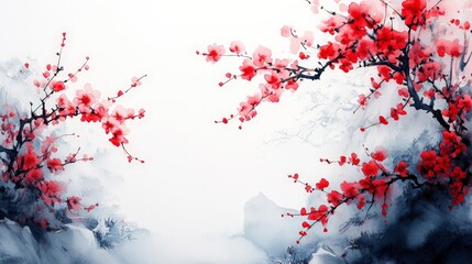 A serene landscape featuring red blossoms against a soft, misty background.