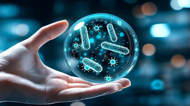 A hand reaching out, holding a transparent sphere filled with dynamic digital bacteria, surrounded by holographic icons representing nutrition and health science