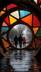 Colorful stained glass tunnel, people walking, city view, rainy day