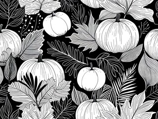 Elegant Black and White Pumpkin and Autumn Leaves Pattern