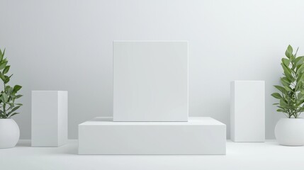 Minimalist white display podium with green potted plants on sides, modern design concept background for presentation.