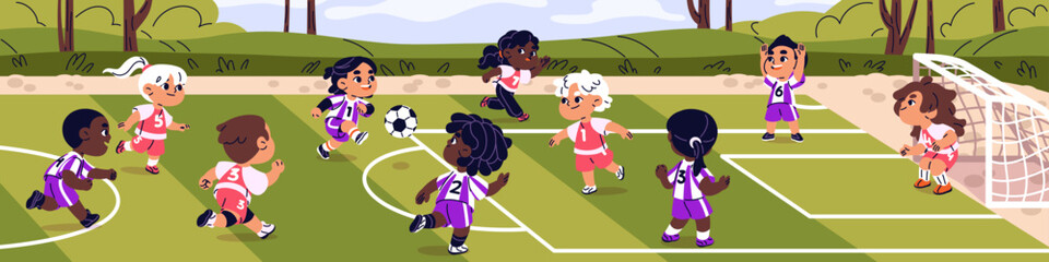 Cute kids play football on field. Happy children are on sport match, game. Opponent teams of soccer players contest, kick ball. Little athletes in uniform training at school. Flat vector illustration