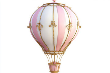 Fototapeta premium Pink and white hot air balloon with gold detailing on white background 