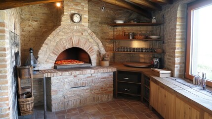 Rustic brick oven pizza kitchen with wood shelving, pizza baking, terracotta tiles.