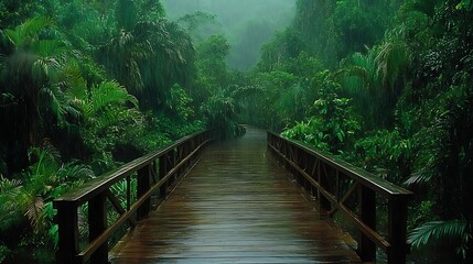 Fototapeta premium Rain-soaked jungle boardwalk