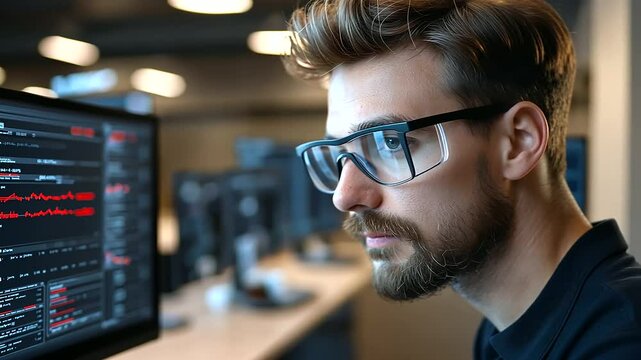 A laboratory technician wearing safety glasses, carefully analyzing a sample slide under the microscope, while an advanced computer system displays critical analysis data