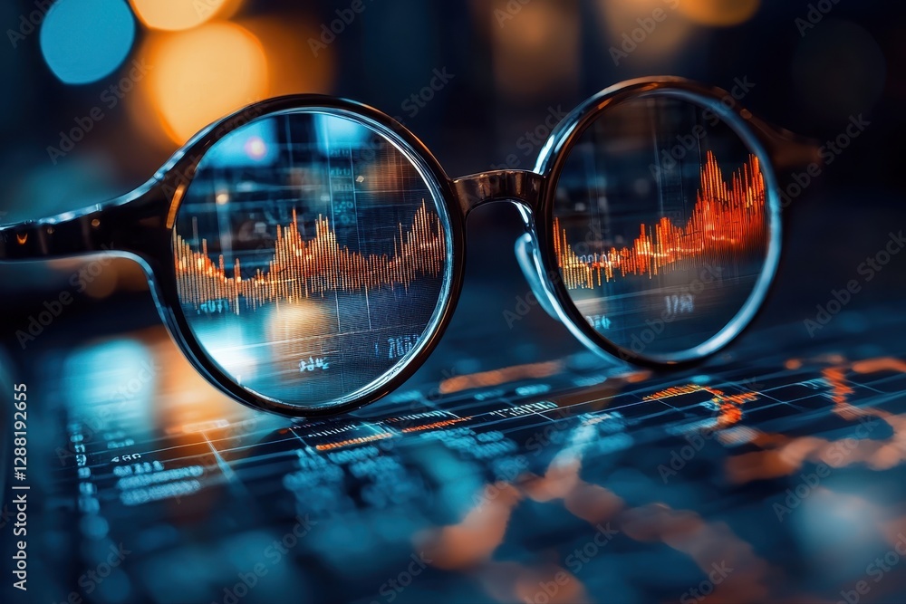 Poster pair of glasses resting on a computer keyboard indicating study and focus