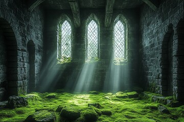 Sunlight Streaming Through Stone Windows Onto Mossy Floor in Abandoned Room
