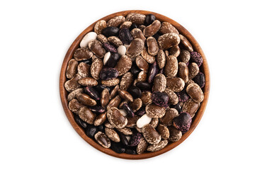 wooden bowl with Kidney beans isolated on white, top view, close up