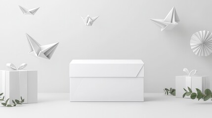 Minimalist white gift boxes and origami birds create a serene and elegant setting for a modern celebration image.