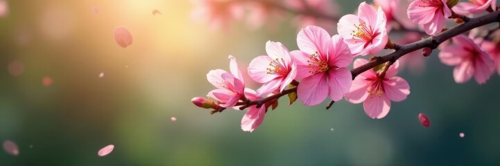 Soft petal blossoms fall gently from a tree branch, nature, botanical garden, floral arrangement