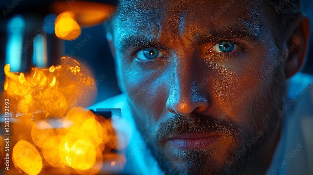 Poster glowing scientist examines unexpected discovery through microscope