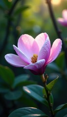 Soft petals of pale violet magnolia unfolding in morning dew, flower, violet