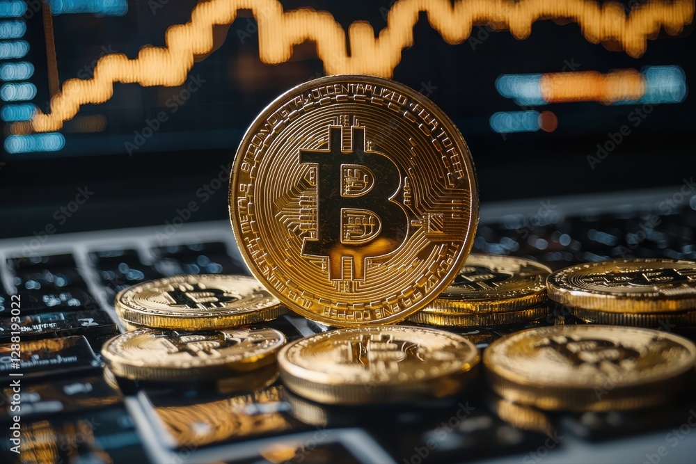 Poster digital bitcoin coin displayed on a laptop screen representing cryptocurrency