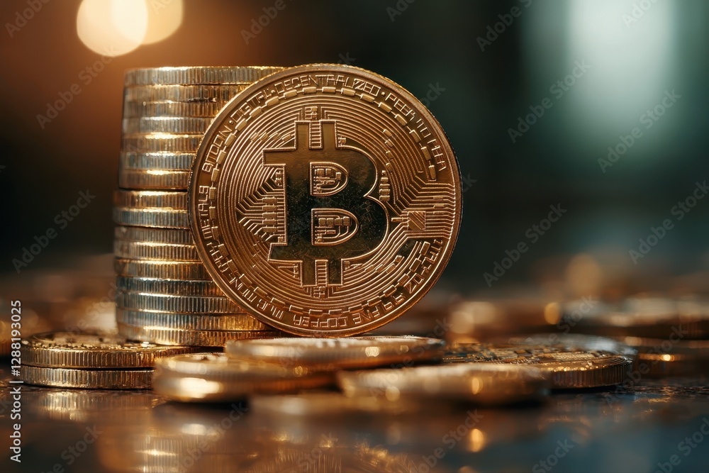 Aufkleber shiny bitcoin coin on display representing the future of digital currency