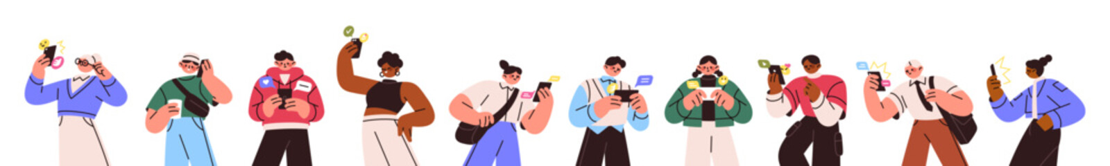 Set of people are using smartphone. Old and young users talk on the telephone, texting in chat. Men and women communicate on the phone call. Flat isolated vector illustrations on white background