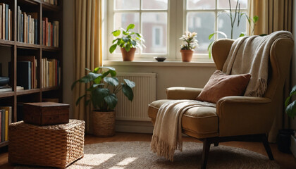 Fototapeta premium Cozy living room corner, comfortable armchair with throw blanket, plants, and warm ambiance