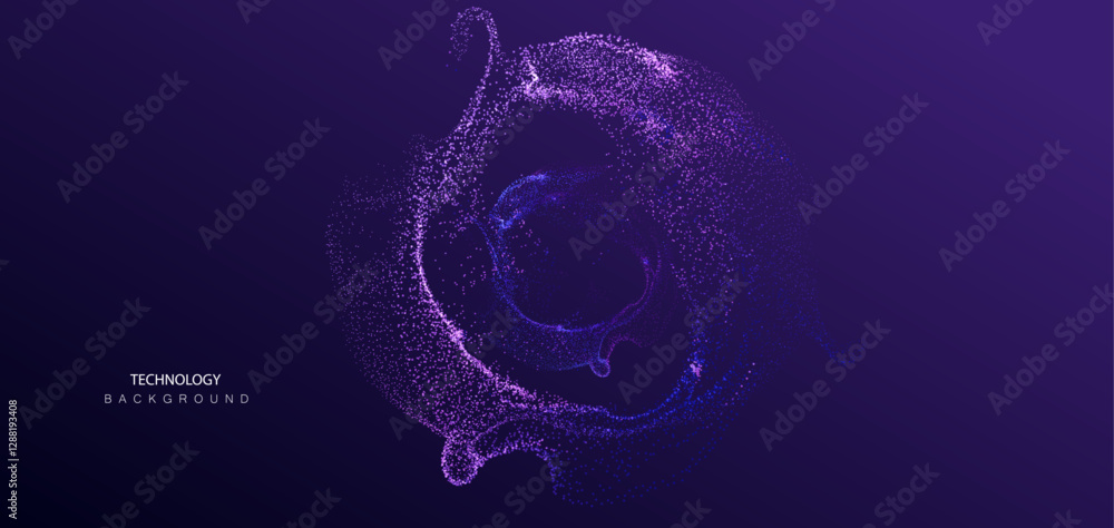 Poster technology background: particle circles, round neon pattern, big data science vector