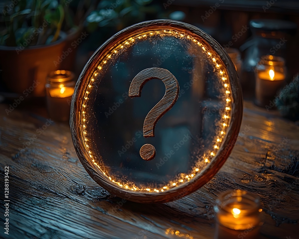 Poster glowing mirror reflecting question mark symbolizing internal curiosity and self doubt